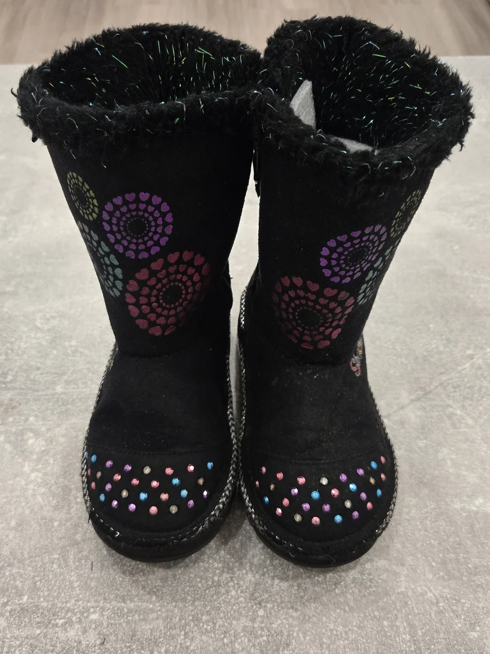 Kids Black Winter Boots with Multicolor Heart & Dot Accents